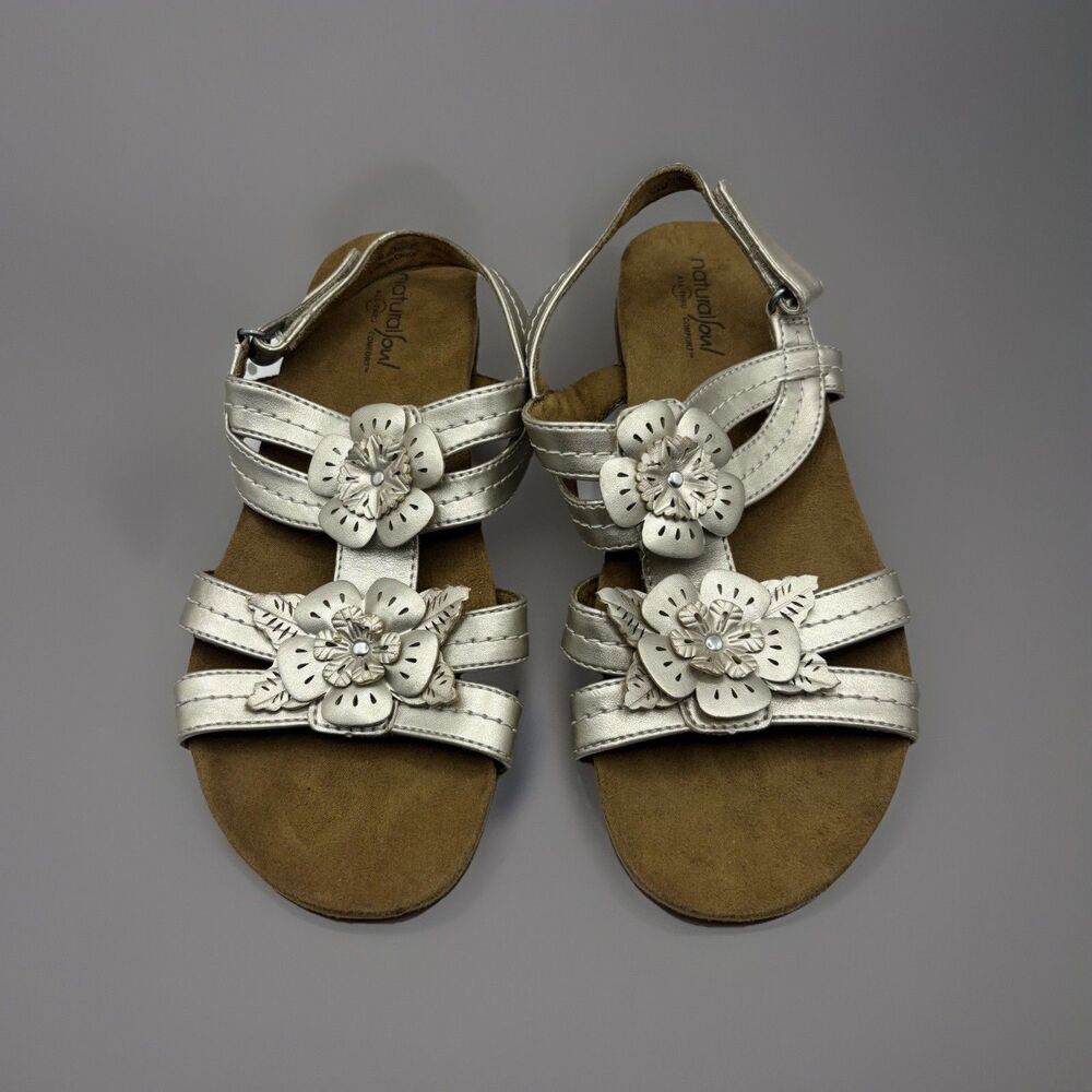 Natural Soul Sandals Womens 9.5 M Avril Strappy Gold Faux Leather Floral Casual